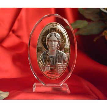 RL190VO Italian Silver Greek Orthodox Christ icon on a glass stand 
