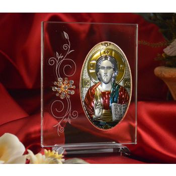 RL190VX Italian Silver Greek Orthodox Christ icon with colors on a glass stand 