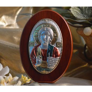 RL190X Italian Silver Greek Orthodox Christ icon with colors on a wood stand 