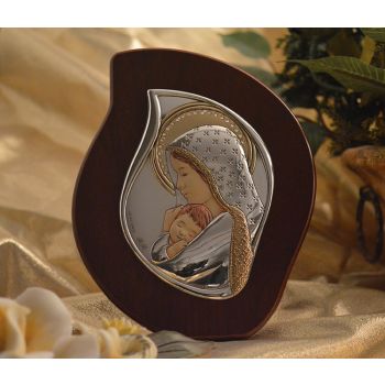 RL2200 Italian Silver Mother and Child icon on a wood stand 