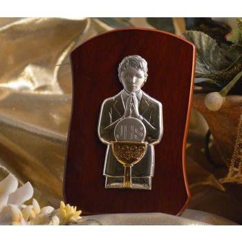 RL230 Italian Silver First Communion Boy icon on a wood stand 