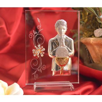 RL230V Italian Silver First Communion Boy icon on a glass stand 