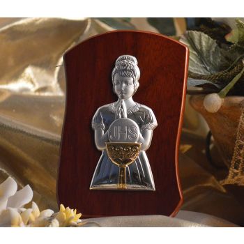 RL240 Italian Silver First Communion Girl icon on a wood stand 