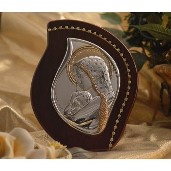 RL2400 Italian Silver Mother and Child icon on a wood stand 