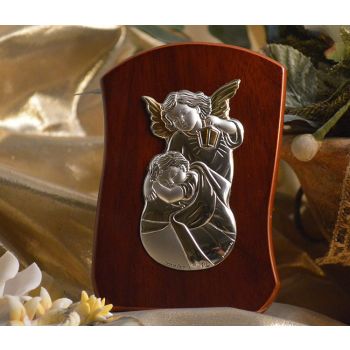 RL250 Italian Silver Guardian Angel icon on a wood stand