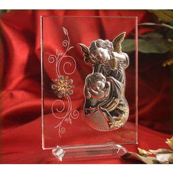 RL250V Italian Silver Guardian Angel icon on a glass stand
