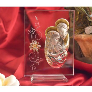 RL260V Italian Silver Holy Family icon on a glass stand 