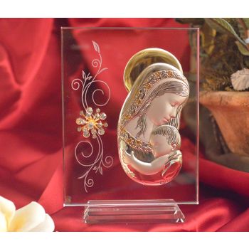 RL270V Italian Silver Mother and Child icon on a glass stand 