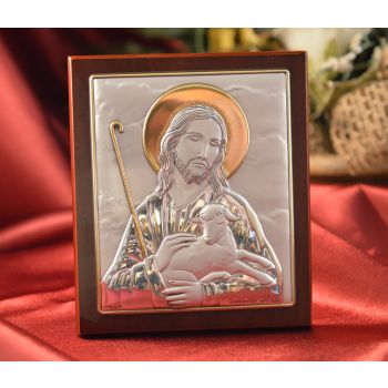 RL397 Italian Silver Icon Good Shepherd on a wood stand 