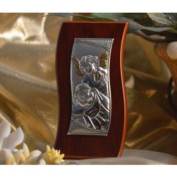RL450 Italian Silver Guardian Angel icon on a wood stand