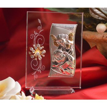 RL450V Italian Silver Guardian Angel icon on a glass stand