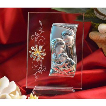 RL460V Italian Silver Holy Family icon on a glass stand 