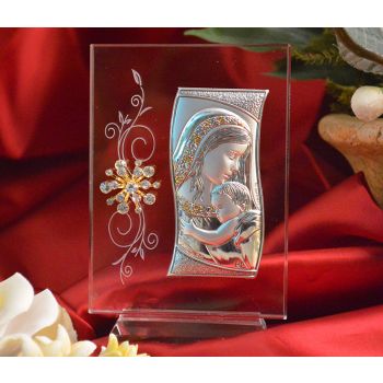 RL470V Italian Silver Mother and Child icon on a glass stand 