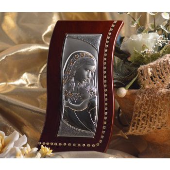 RL600 Large Italian Silver Mother and Child icon on a wood stand 