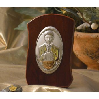 RL730 Italian Silver First Communion Boy icon on a wood stand 