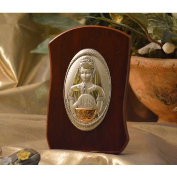 RL740 Italian Silver First Communion Girl icon on a wood stand