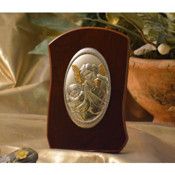 RL750 Italian Silver Guardian Angel icon on a wood stand