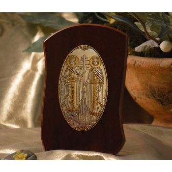 RL775 Italian Silver Orthodox Greek Icon Saints Constantine & Helen Made in Italy icon on a wood stands