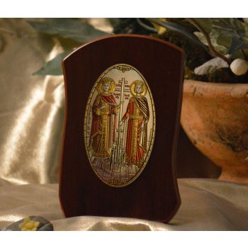 RL775X Italian Silver Orthodox Greek Icon Saints Constantine & Helen Made in Italy icon on a wood stands