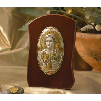 RL790 Italian Silver Orthodox Greek Icon Christ Pantocrator Made in Italy icon on a wood stand