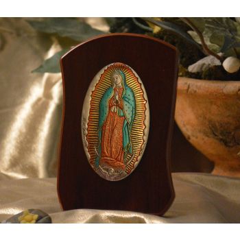 RL795X Italian Silver Our Lady of Guadalupe Icon Made in Italy icon on a wood stands