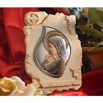RL820 Italian Silver Mother and Child icon on a Marble dust texture stand