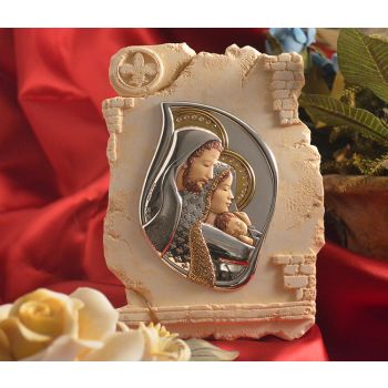 RL830 Italian Silver Holy Family icon on a Marble dust texture stand