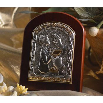 RL910 Italian Silver First Communion Boy icon on a wood stand 