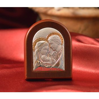 RL920 Italian Silver Holy Family icon on a wood stand 