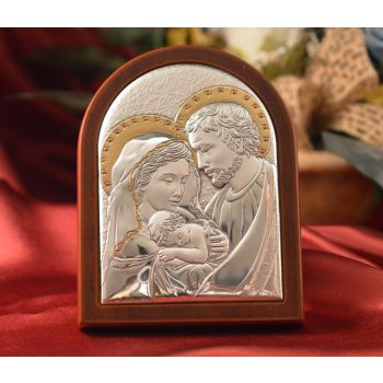 RL930 Italian Silver Holy Family icon on a wood stand 