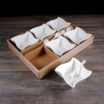 Set of 6 White Ceramic Bowls and spoons square