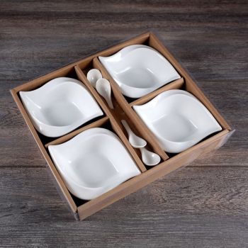 Sandy Set of 4 White Ceramic Bowls and  4 spoons 