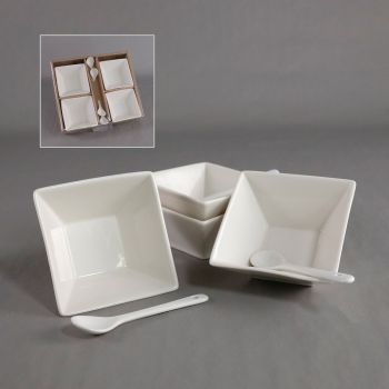 Set of 4 White Ceramic Bowls and  4 spoons 