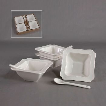 Francine Set of 4 White Ceramic Bowls and spoons